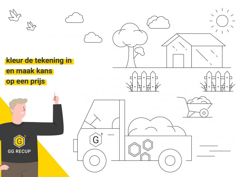 kleurplaat me vrachtwagen en huisje en tuin